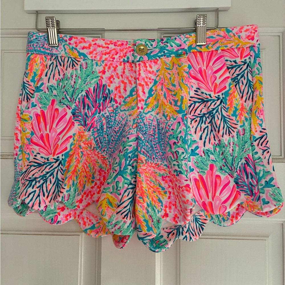 Lilly Pulitzer Vibrant Pink and Green High butter cup shorts.